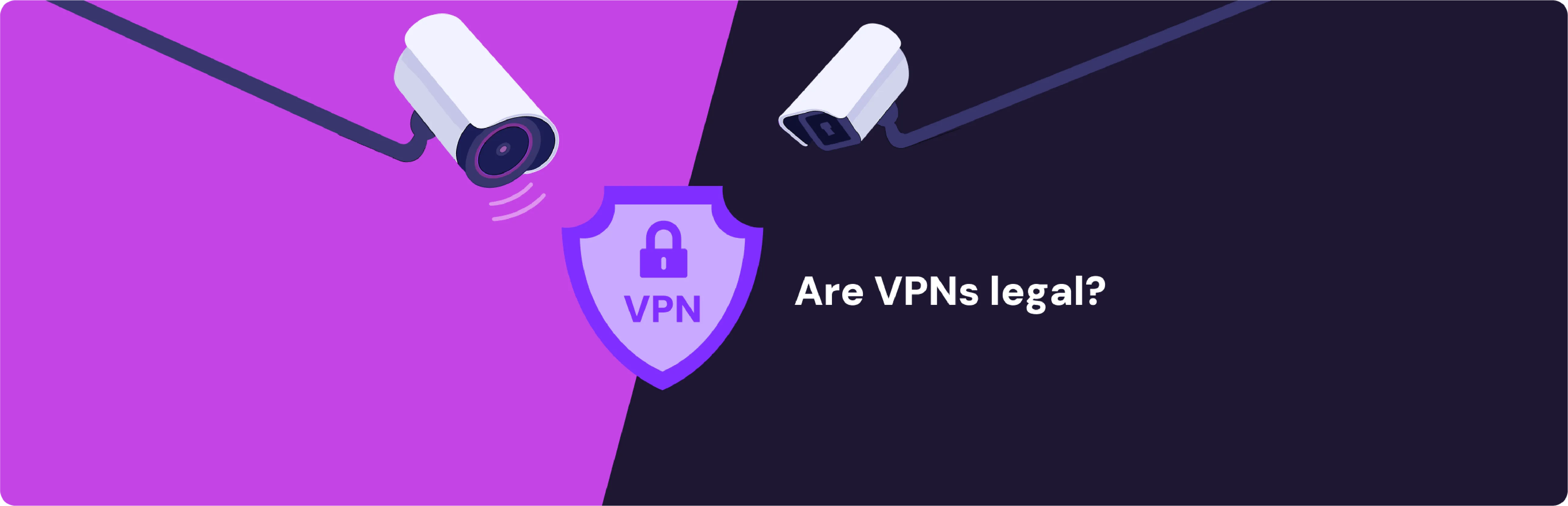 Image of CCTV cameras looking straight at a shield icon indicating a VPN, and a question "Are VPNs legal?"